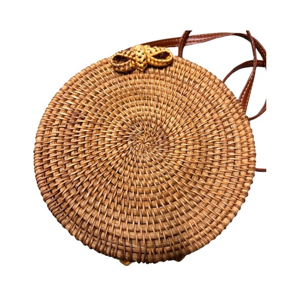 Womens Round Woven Straw Rattan Crossbody Bag Tan Leather Strap Floral Lined - Picture 3 of 16